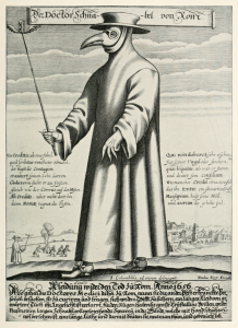 Paul Fürst, engraving, c. 1721, of a plague doctor of Marseilles. His nose-case is filled with smoking material to keep off the plague.